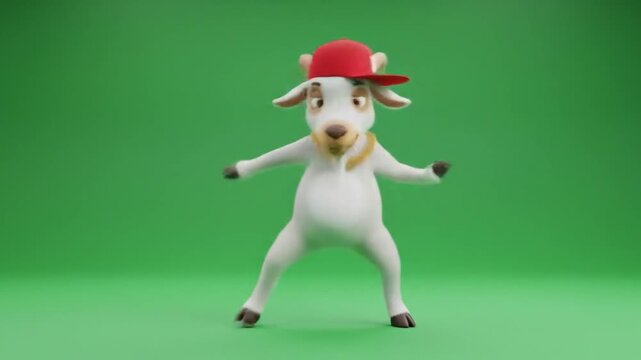 Animated Goat Character Dancing with Red Cap on Green Screen