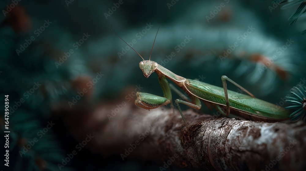 Poster praying mantis perched on a tree branch with shallow depth of field