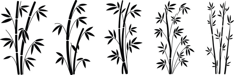 Vector bamboo stalk silhouettes with leaves for Zen decor, spa illustrations, Asian themes, nature art, and minimal design