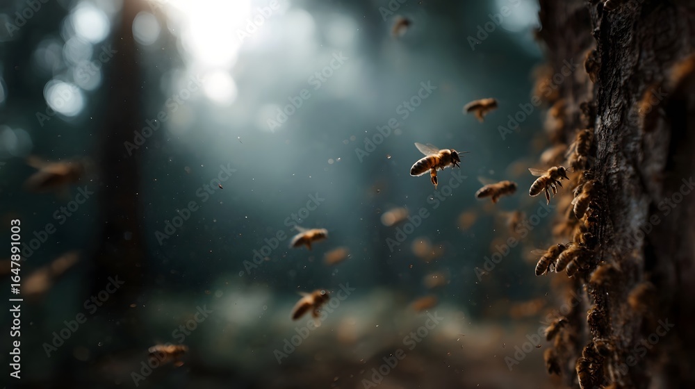 Poster swarm of bees flying near a hive with sunlight filtering through the trees