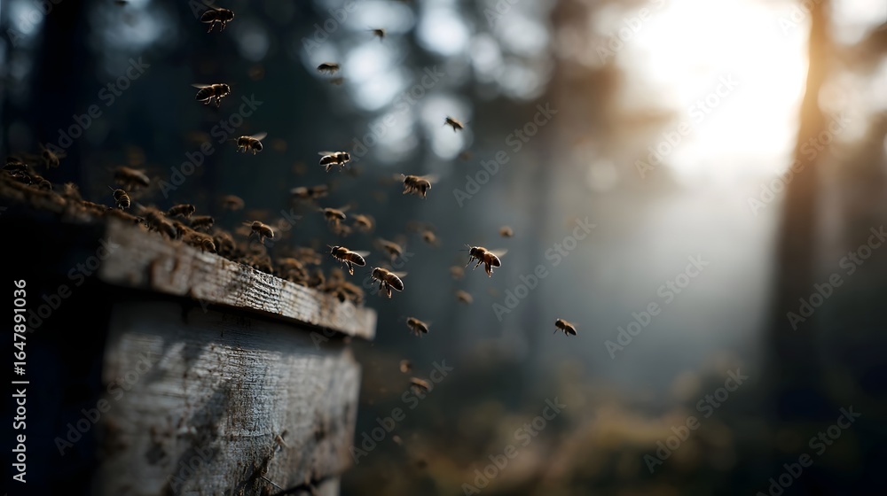 Poster swarm of bees flying near a hive with sunlight filtering through the trees