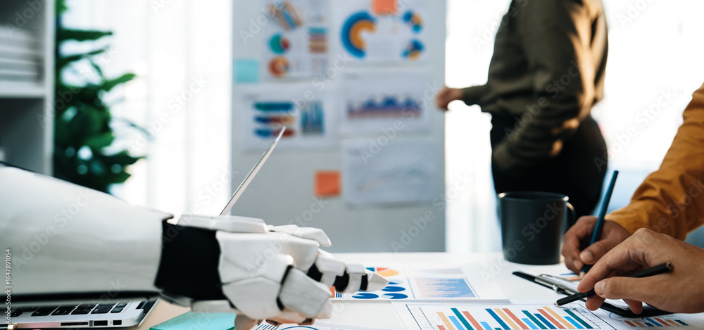 Poster a dynamic meeting scene showcasing collaboration between humans and robots. the image highlights det
