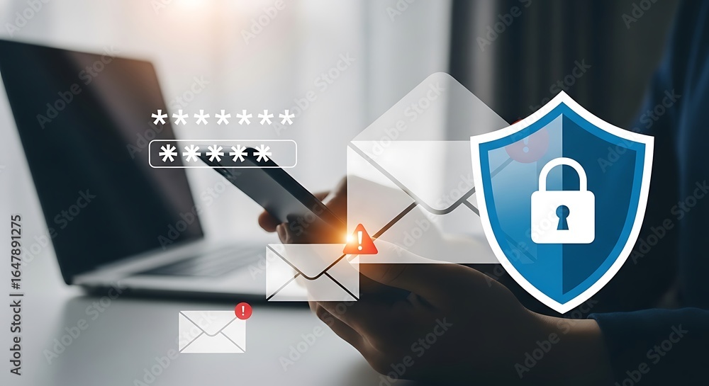 Poster person holding a smartphone with email and security shield icons, symbolizing secure digital communi