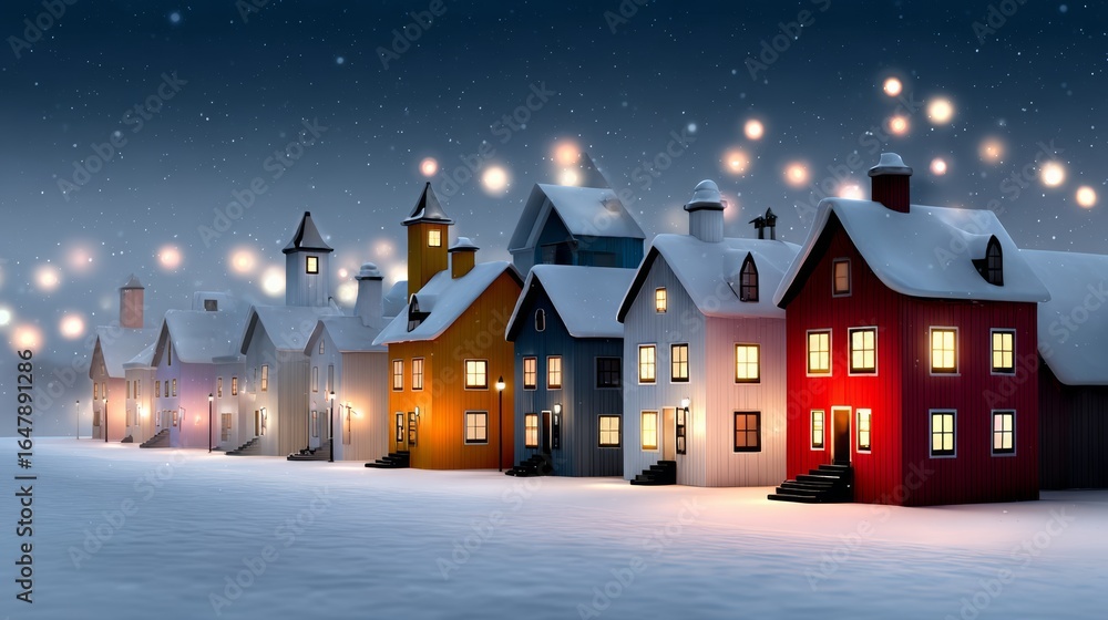 Poster row of houses with lights on them in the snow. the houses are of different colors and sizes. the sce