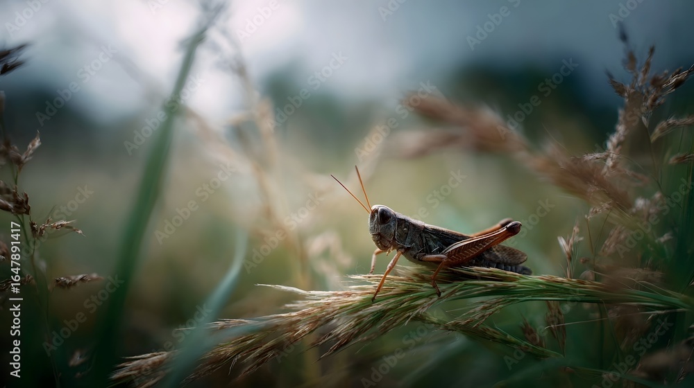 Poster grasshopper resting on a blade of grass in a summer field