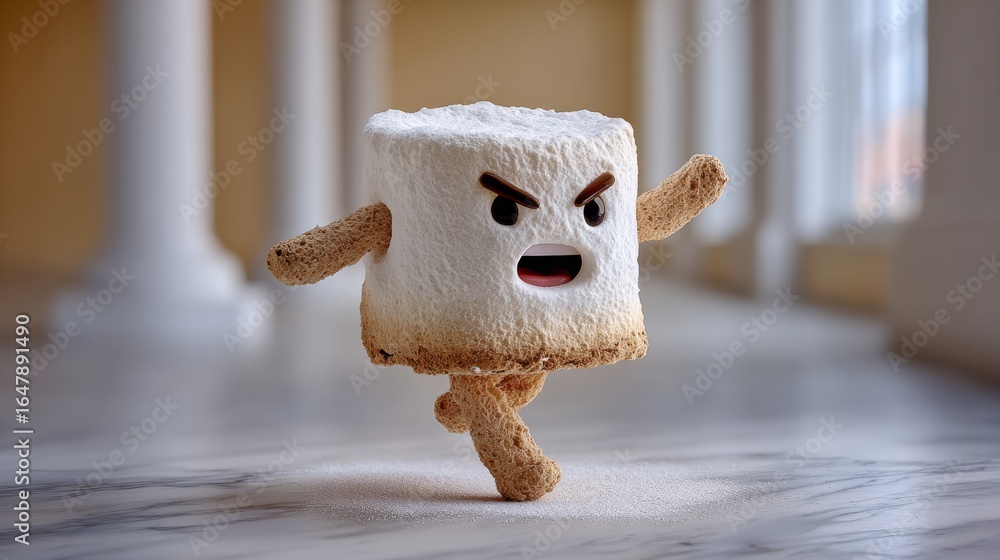 Poster cartoon character made out of marshmallows is running and has a very angry expression on its face