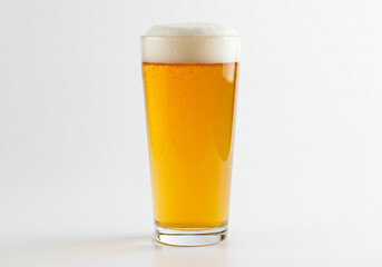 A single pint glass filled with golden beer and a thick white head against a plain white background