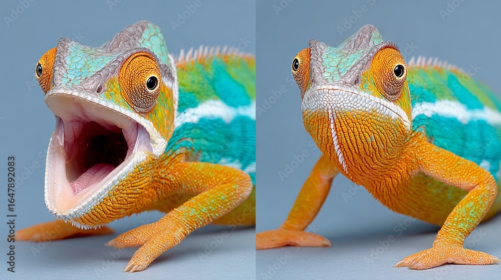 Poster chameleon with a mouth open and a bright orange tongue. the chameleon is in a split image, with one 