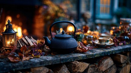 Firewood and tea kettle beside an autumn feast by candlelight