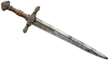 Ornate medieval sword with a wooden grip and detailed metalwork a long blade perfect for display
