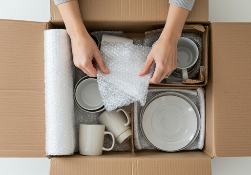 Person packing dishes and mugs into a cardboard box with bubble wrap and packing paper inside it