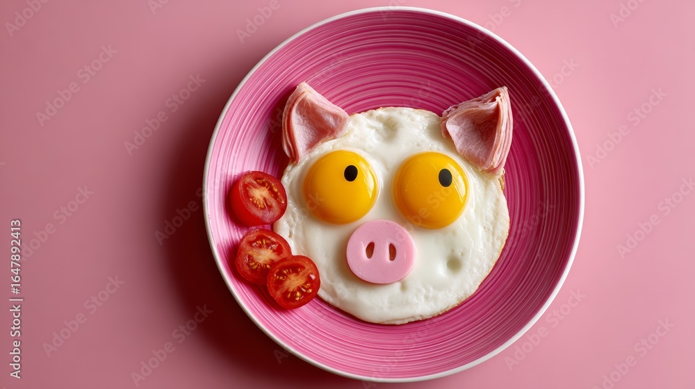Poster plate of food with a pig face on it. the pig face is made out of eggs and bacon. the plate also has 