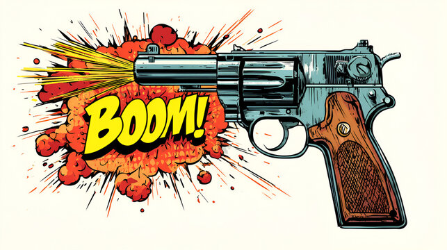 Revolver firing a shot with a boom explosion effect in a comic book style illustration