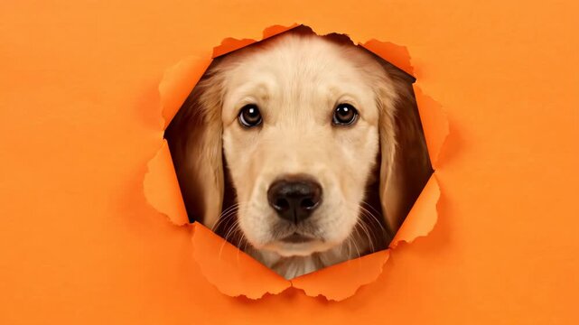 Playful Dog Peeking Through Torn Paper - A playful dog with expressive eyes peeks through a torn hole in a vibrant orange background.