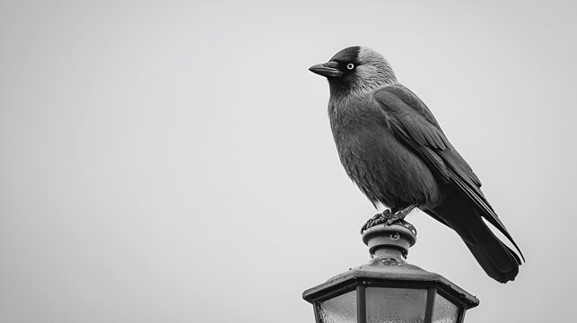 Fototapeta A black and white photo of a bird perched on a lamppost against a light sky