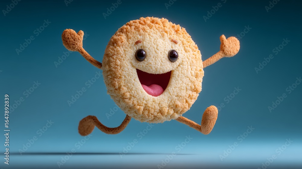 Poster cartoon character made out of a cookie is jumping in the air. the cookie is smiling and has a happy 