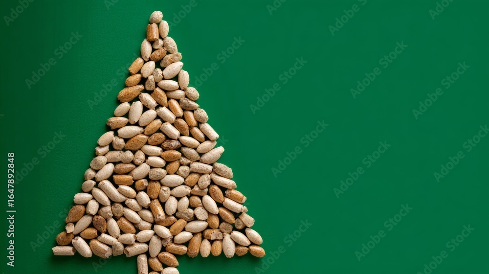 Poster christmas tree made out of nuts. the tree is made of peanuts and almonds. the tree is on a green bac