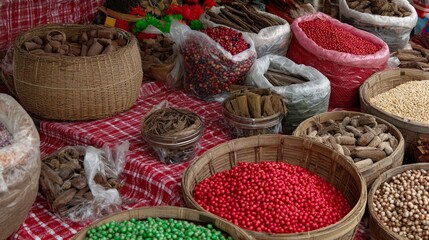 Baskets with colorful spices and grains in outdoor market for traditional food and culinary culture