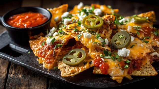Plate of crispy nachos topped with melted cheese and jalape&ntilde;os, served with a side of spicy salsa sauce. Concept of Mexican cuisine, snack food, and casual dining.