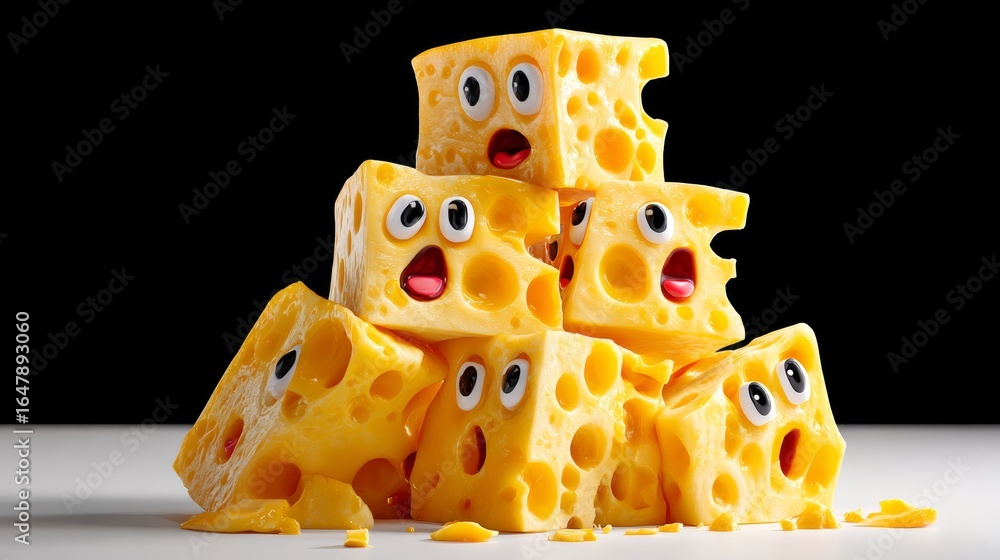 Poster stack of cheese blocks with eyes and mouths on them. the image has a playful and whimsical mood, as 