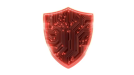Cybersecurity shield icon with glowing neon circuit lines, isolated.