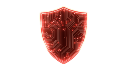 Cybersecurity shield icon with glowing neon circuit lines, isolated.