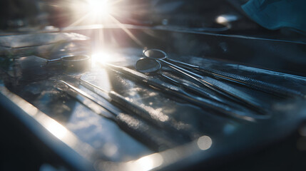 Closeup of Gleaming Dental Instruments in a Tray