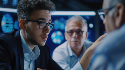 A young professional in a meeting with older colleagues discussing data on a computer screen behind them