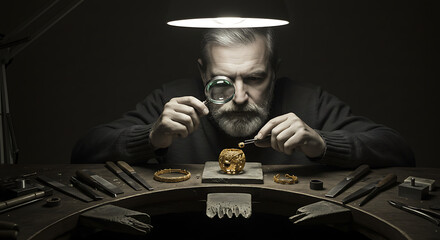 Goldsmith crafting detailed jewelry at a workbench with magnifier and directional light