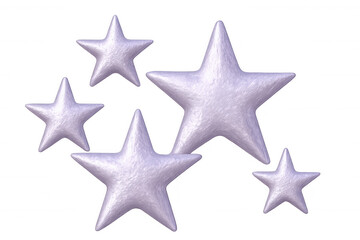Metallic purple stars floating weightlessly, rendered in sleek 3d with transparent backdrop, embodying festive elegance