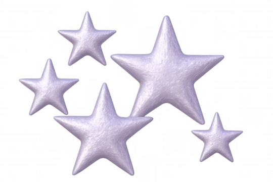 Metallic purple stars floating weightlessly, rendered in sleek 3d with transparent backdrop, embodying festive elegance