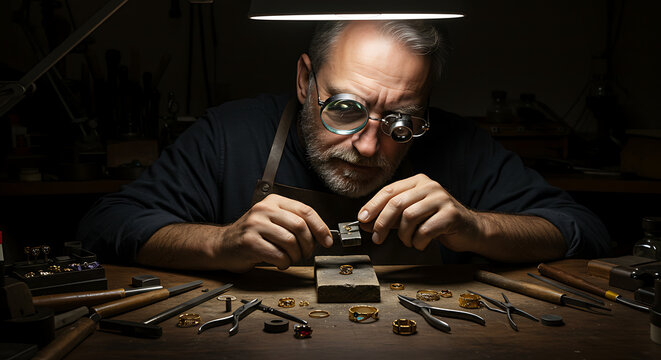 Goldsmith crafting detailed jewelry at a workbench with magnifier and directional light