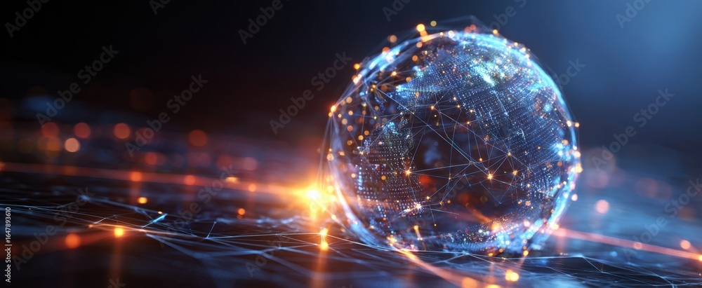 Poster the digital globe of connected data nodes illuminated on a futuristic network surface