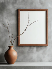 Minimalist vase with branches on a gray wall.