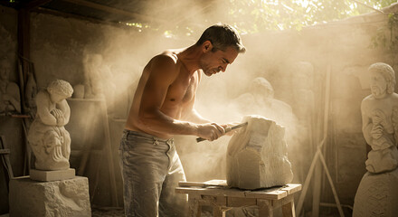 Sculptor carving stone in an open studio, dust floating in sunlight
