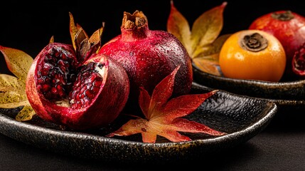 Tabletop arrangement of pomegranates, persimmons, and autumn leaves on ceramic plates