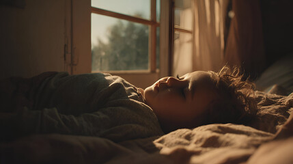 Toddler Sleeping Peacefully In Bed Sunlight Through Window