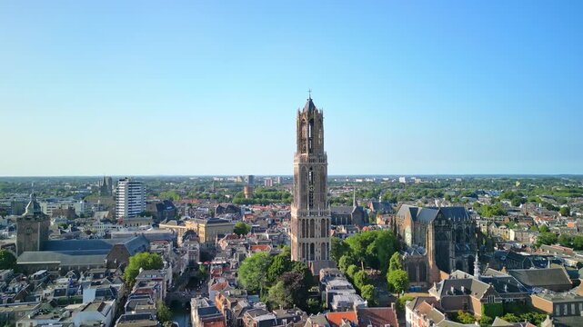 Cathedral of St. Martin. Dom van Utrecht. Aerial view showcasing the majestic tower amidst vibrant cityscape, capturing the essence of architectural beauty