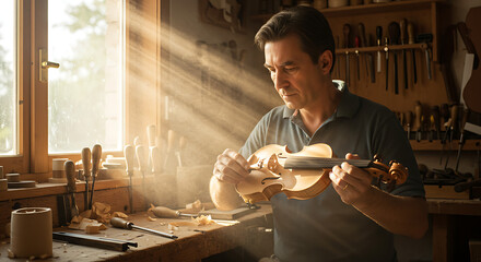 Luthier tuning a newly built violin in a wooden workshop