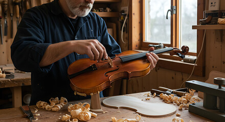 Luthier tuning a newly built violin in a wooden workshop