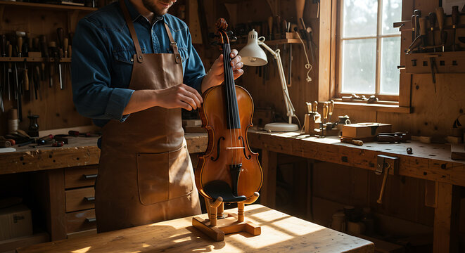 Luthier tuning a newly built violin in a wooden workshop - Powered by Adobe