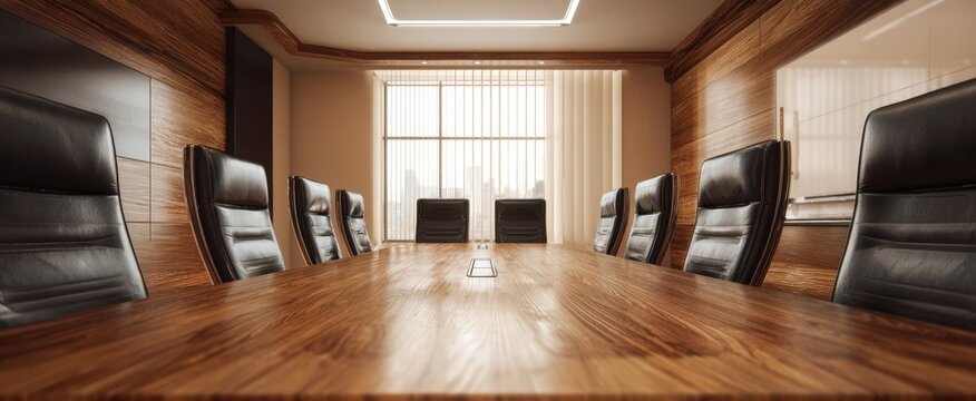 The Conference Table in a Modern Executive Boardroom with City View Windows