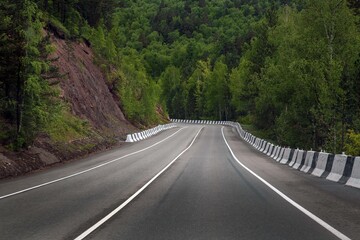 Asphalt country road among lush forests
