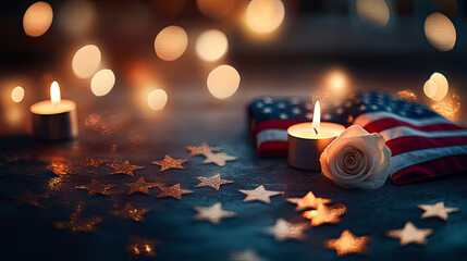 Patriotic remembrance with american flag, candles and symbolic stars for Patriot Day