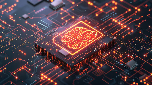 A glowing brain icon on a microchip with red light trails on a dark circuit board background