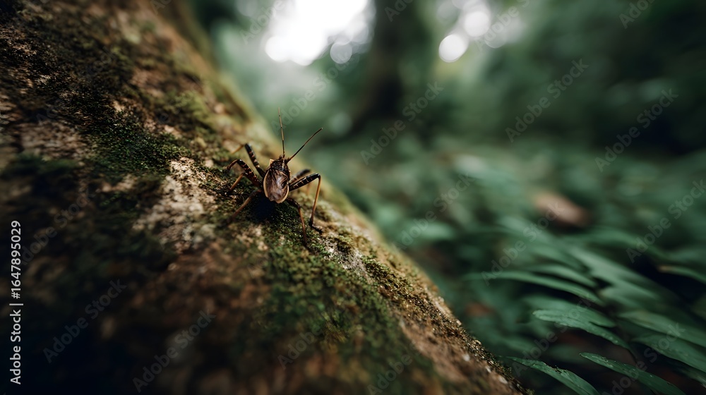 Poster large bug crawling on a tree trunk in the jungle
