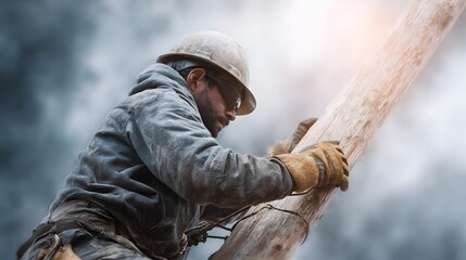 Utility worker repairing power line on a utility pole
