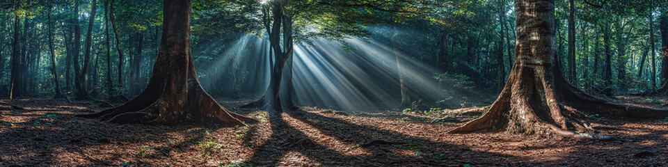 Ultra wide forest landscape with dramatic sunlight rays bursting through trees, textured forest floor with shadows and highlights