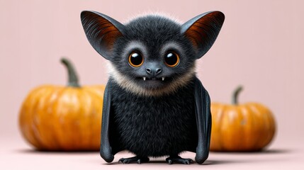 Fototapeta premium Black bat with yellow eyes stands in front of two pumpkins. The scene has a spooky and playful mood, as the bat is not a typical Halloween creature