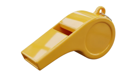 
A vibrant yellow whistle with a keyring loop is shown at a slight angle. The whistle has a shiny, plastic texture and is photographed against a neutral background.